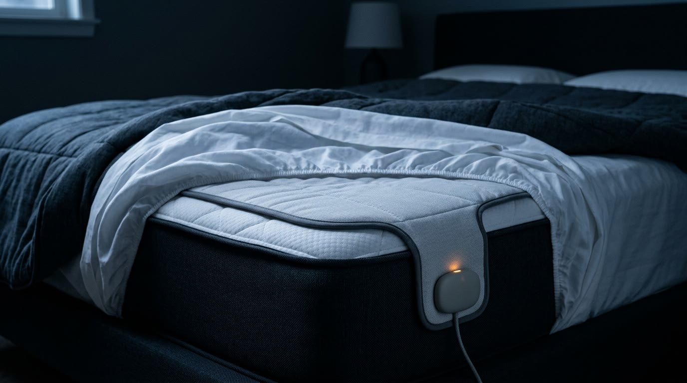 The Glassfrog Pro sensor pad wrapped around a mattress corner in a dark bedroom