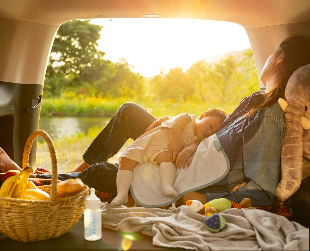 A parent reclining in the open trunk of a car at golden hour, their baby asleep on the lillypad across their lap with the sage sensor pebble at the pad's edge, a picnic basket and toys nearby
