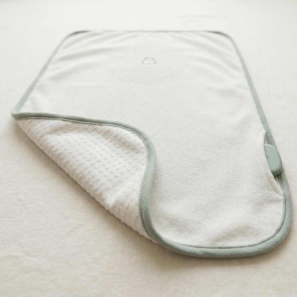 The lillypad with one corner folded back, showing the textured underside and the small sage sensor pebble at the edge