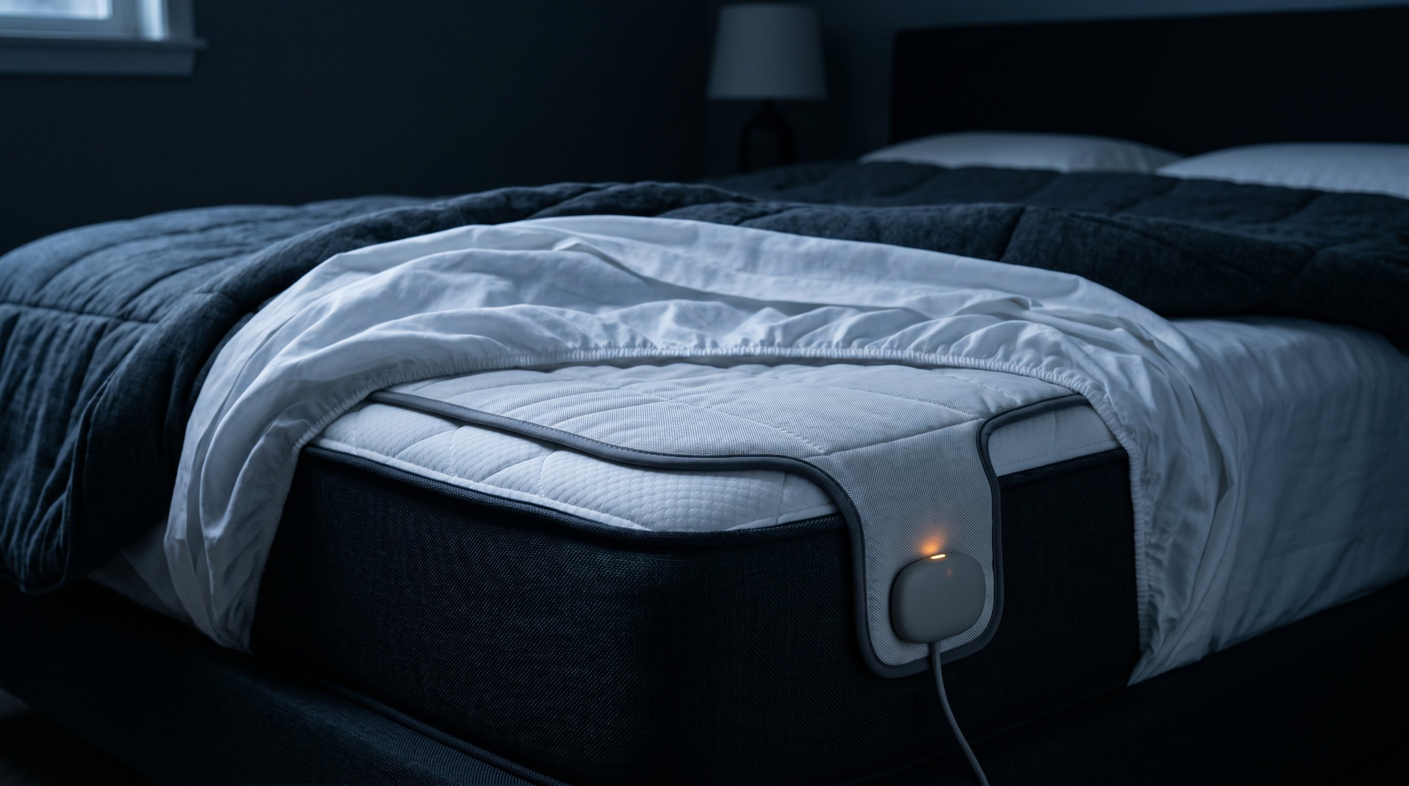 Glassfrog sensor mat on the mattress under the fitted sheet, with its compact signal unit